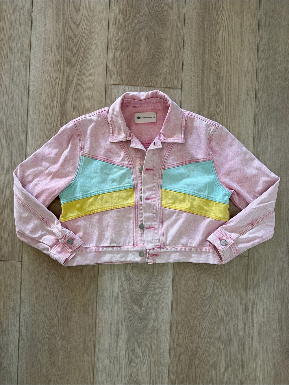Pink Colorblock Cropped Denim Jacket Pastel Retro 80s Barbiecore Cotton Size S